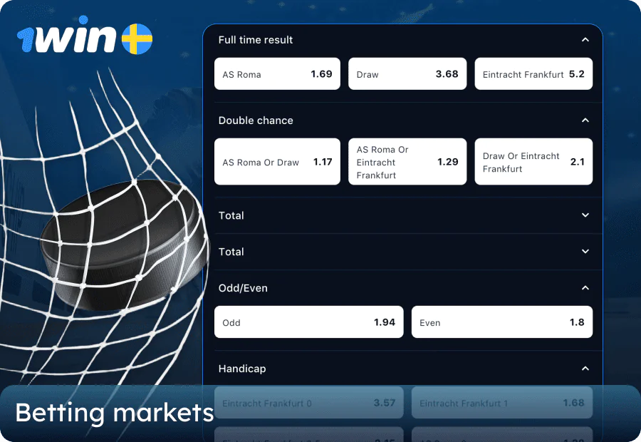 Betting markets for various sports at 1win in Sweden