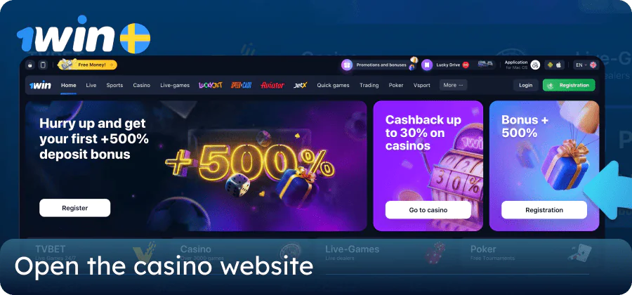 Open the 1win casino website in Sweden