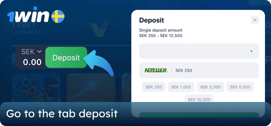 Click on the “Deposit” tab on the 1win Sweden website