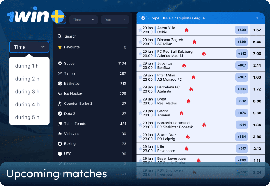 Betting on upcoming matches on the 1win website in Sweden